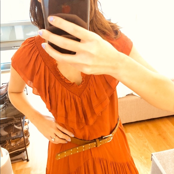 NWT Zara Teracotta Ruffle Maxi V Neck Dress w belt - Picture 2 of 6